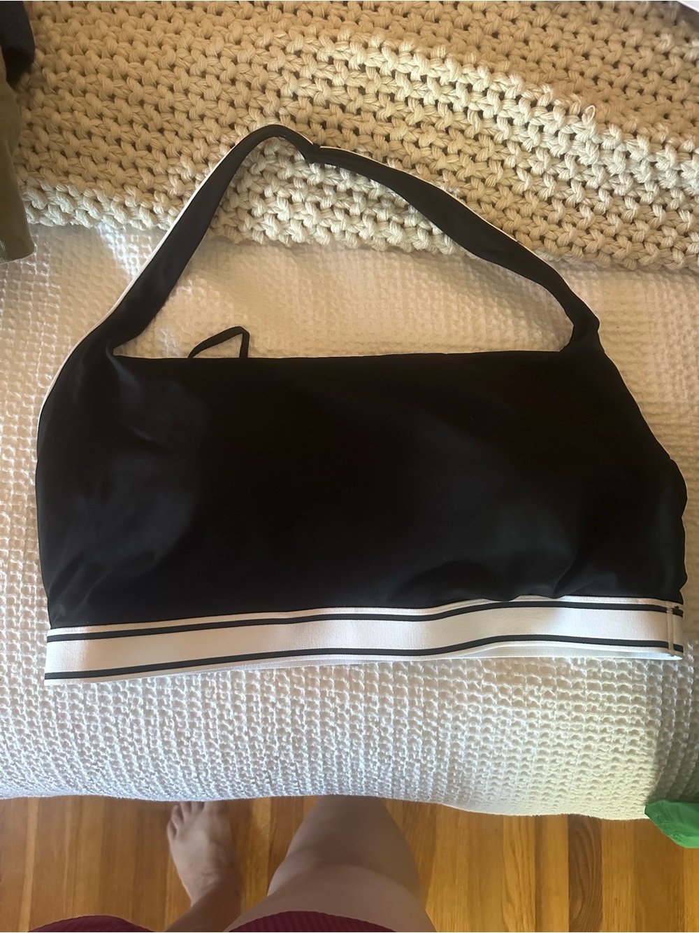 aerie Black One-Shoulder Sports Bra with White Striped Band